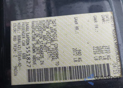 2013 Nissan Altima 2.5 Sl from USA, damaged, VIN 1N4AL3AP0DN551827